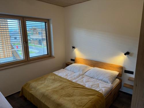 a bed in a room with two windows at Apartmán Hrabušice G3 - Slovenský Raj in Hrabušice