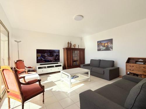 un salon avec un canapé et une télévision dans l'établissement Villa Horizon-Vue mer-Plages-WIFI-CLIM, à Carqueiranne