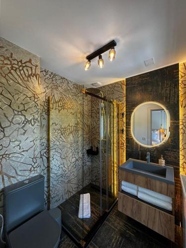 a bathroom with a shower and a sink and a mirror at Billy&Ane Apartments,Rooms in Sinaia