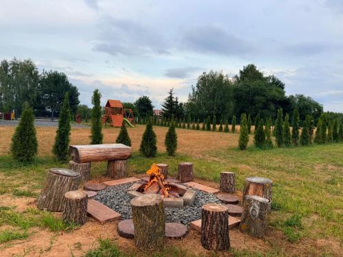 a fire pit in a field with logs and trees at Green-Point Podlasie in Drohiczyn nad Bugiem