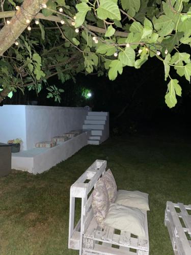 a bench in the grass under a tree at night at Quinta da Maínha - Charming Houses - Escape to Nature in Braga