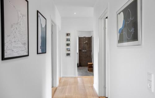 a hallway with three pictures on the walls and a hallway with a hallway at Beautiful Home In Fårevejle With Wifi in Fårevejle