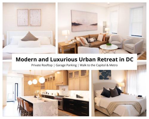 a collage of three pictures of a living room and a kitchen at NEW! LUX 4BR + Rooftop | Parking | Metro in Washington, D.C.
