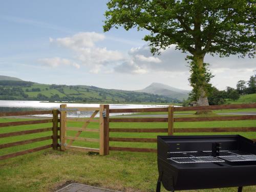 a barbecue grill in front of a fence with a tree at Bwthyn Glanllyn in Llanuwchllyn