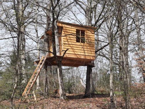 a tree house in the middle of the woods at Gîte Familial avec Cascade, Pêche, Activités et Proximité de Vichy - FR-1-489-21 in Barrais-Bussolles