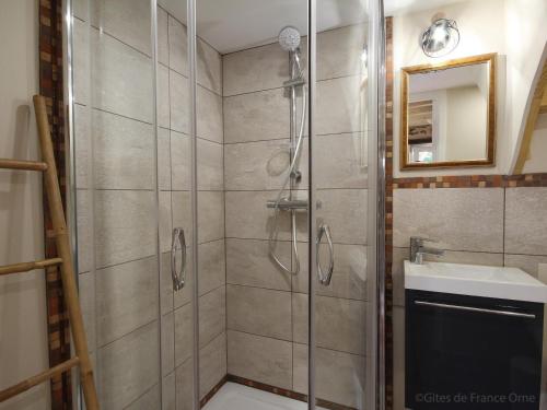 a bathroom with a shower and a sink at Maison historique arborée avec jardin et étang privés, idéale pour un couple - FR-1-497-135 in La Carneille