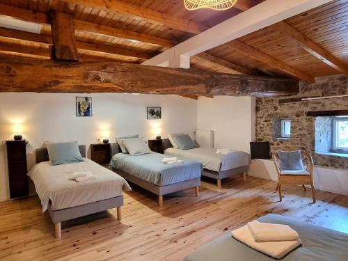 a large room with two beds and a couch at Gîte spacieux 10 pers: Nature, Spa, Confort - FR-1-496-358 in Saint-Denis-sur-Coise