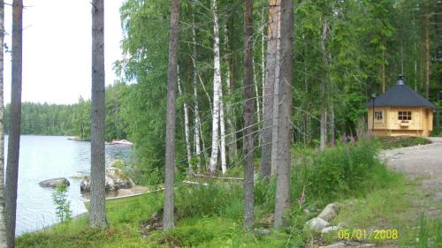 a log cabin in the woods next to a lake at Lake Cottage Jänisvaara in Kolinkylä