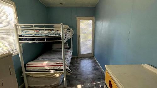 a bedroom with bunk beds in a room with blue walls at The Blue Groper in Minnie Water