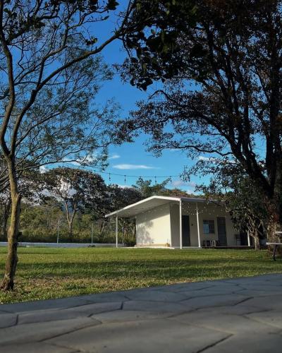a building in a field with a tree at MOMA Guest House en Alto Boquete in Alto Boquete