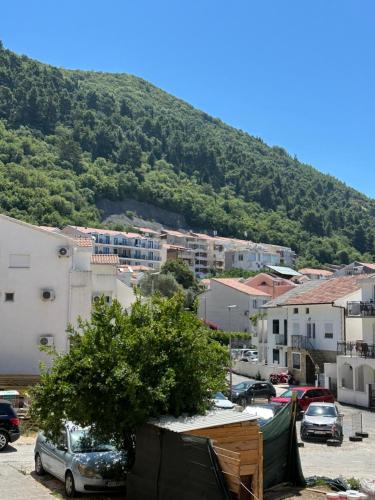 a view of a town with a mountain in the background at Apartment Natasa in Budva