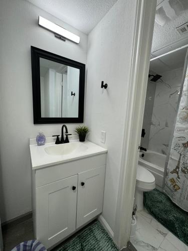 a bathroom with a sink and a toilet and a mirror at 2 STATE FAIR l DT Dallas l FIFA READY l 5 Min from Love Field in Dallas