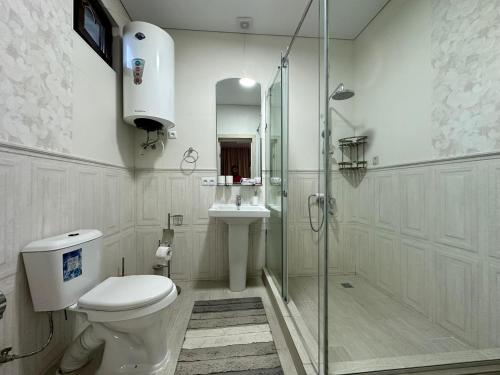 a bathroom with a shower and a toilet and a sink at Сары-Ой Asia Palace Sky House in Chon-Sary-Oy