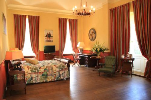 a bedroom with a bed and a desk and windows at Hotel Château Bela in Belá