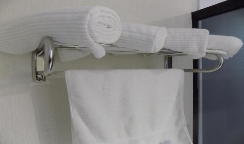 a bunch of towels on a towel rack in a bathroom at Danieri Asunción Hotel in Asuncion