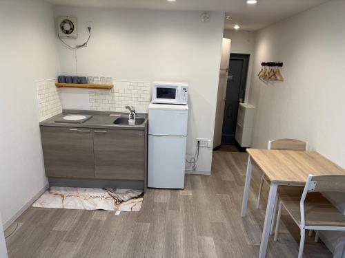 東京にある5minutes from Shinjuku Shin-Okubo Station-k203のシンクと冷蔵庫のある小さなキッチン
