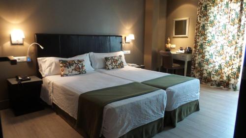 马德里Hotel Moderno Puerta del Sol的房间里有一张大床的卧室