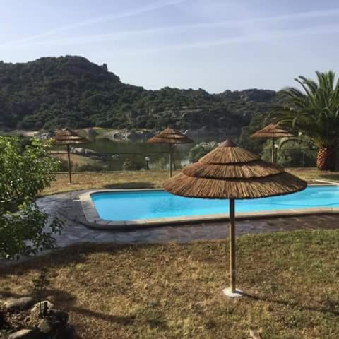 a straw umbrella in front of a swimming pool at Il Nuraghe del lago Coghinas in Oschiri