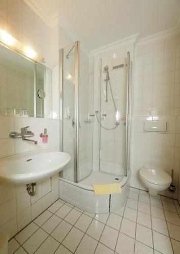 a bathroom with a shower and a sink and a toilet at Hotel Lindenhof in Kellberg