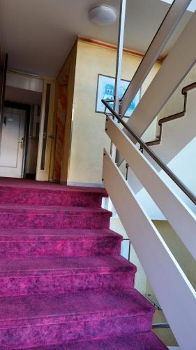 a set of stairs with purple carpet at Hotel Aurbacher Hof GmbH in Munich
