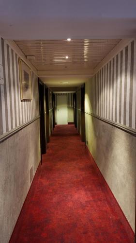 a hallway with a red carpet and a long corridor at Hotel Aurbacher Hof GmbH in Munich