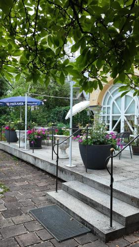 a set of stairs with potted plants and an umbrella at Hotel Aurbacher Hof GmbH in Munich