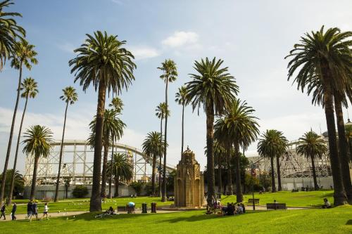a park with palm trees and a building in the background at Cosy One Bedroom Apt Next to Park! in Melbourne