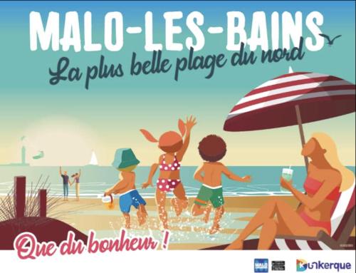 une affiche d'une femme et d'enfants jouant sur la plage dans l'établissement Appt Av de la Mer, à Dunkerque