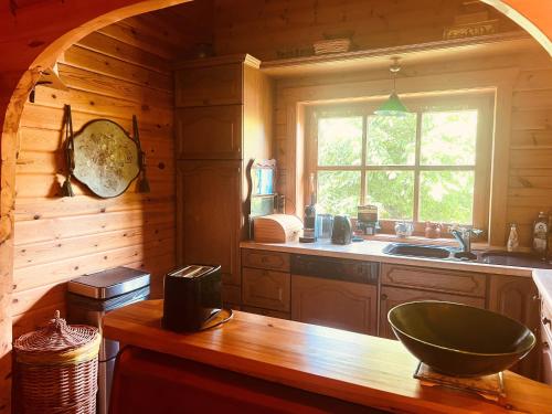 una cucina con lavandino e una finestra in una cabina di Jägerwohnung im Forsthaus am Schindelbruch a Stolberg i. Harz