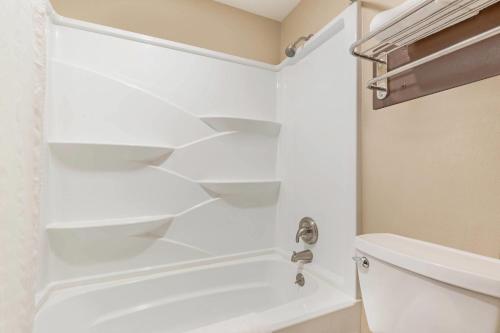 a bathroom with a shower with white shelves at Days Inn by Wyndham Auburn in Auburn