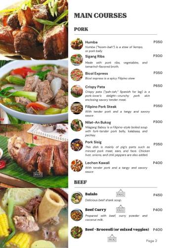 a page of a menu with different types of food at Gratum Beach Resort in Dapitan