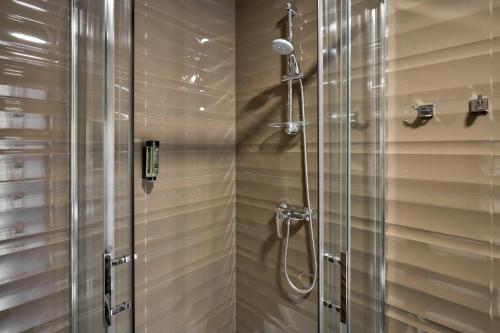 a bathroom with a shower with a glass door at Goral Hotel & Spa in Bukovel