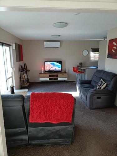 a living room with two couches and a flat screen tv at Executive Hideaway in Christchurch