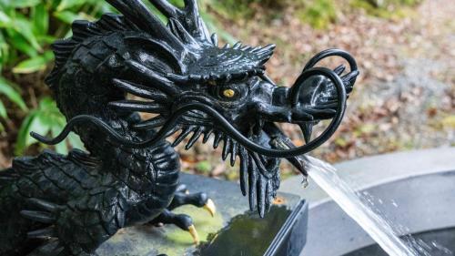 a black dragon statue drinking water from a fountain at Motosu Phoenix Hotel in Fujikawaguchiko