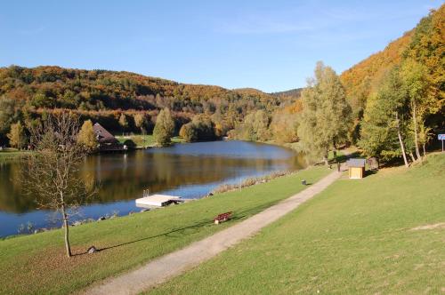 a park with a lake and a path next to a field at Holunder nah am Waldsee 1 in Rieden