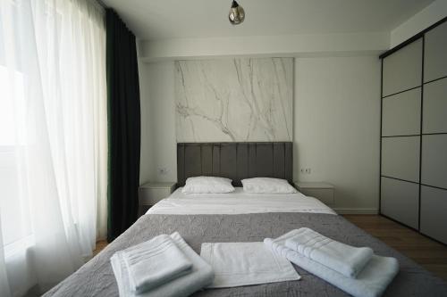キシナウにあるTop Spot in Riscani! 1BR Near Shops & Restaurantsのベッドとタオル2枚のある寝室