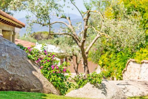 a garden with pink flowers and a rock at Hotel Club Saraceno - Bovis Hotels in Àrbatax
