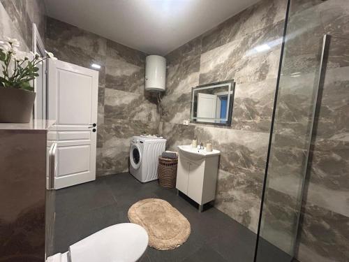 a bathroom with a shower and a toilet and a sink at AD Homes in Ravanj