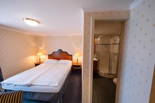 a hotel room with a bed and a shower at Room's at HAUS am SEE direkt am Thunersee gelegen mit SELF CHECK IN & digitaler Rezeption in Oberhofen am Thunersee