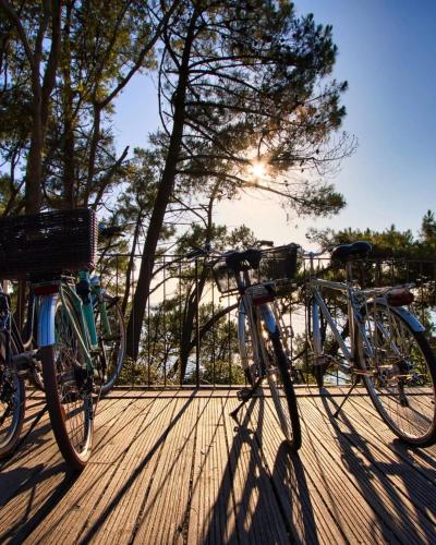 two bikes are parked on a wooden boardwalk at Cottage Prestige 641 in La Teste-de-Buch