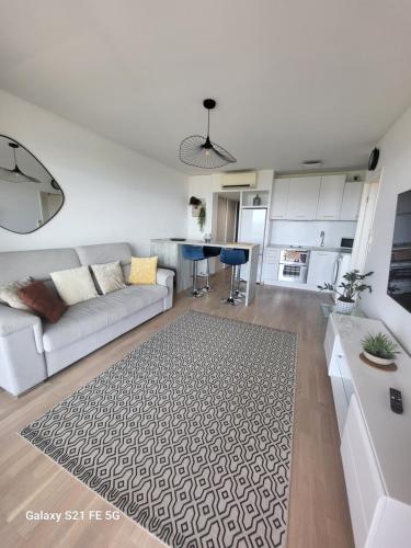 un salon avec un canapé et une cuisine dans l'établissement T2 VUE MER - ENTREE DE VILLE, à Ajaccio