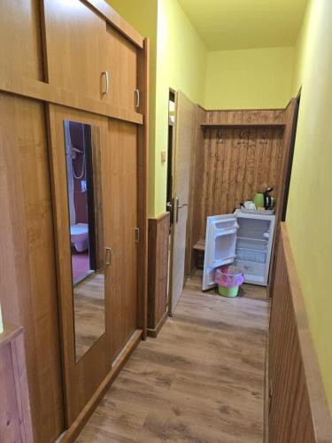 a hallway with wooden doors in a room at Pension Pod Lipou in Nová Ves v Horách