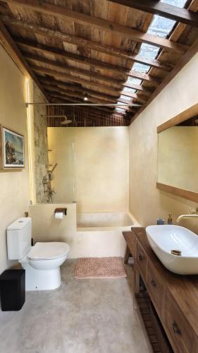 a bathroom with a toilet and a sink and a tub at Lotus Forest Houses in Ngingas