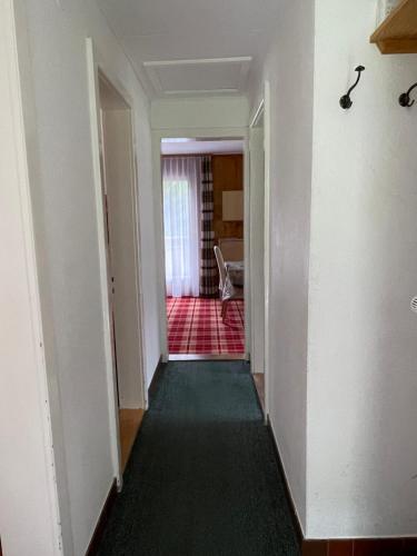 an empty room with a hallway leading to a living room at Le Petit Chalet Gentinetta in Leukerbad