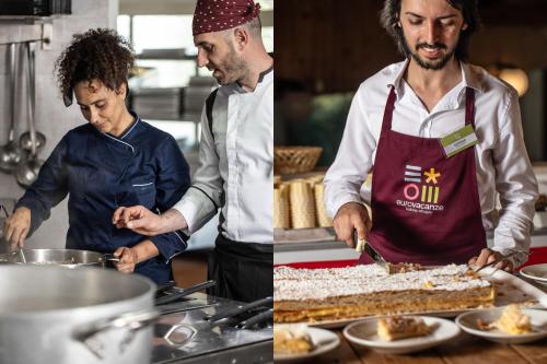 dois homens em uma cozinha preparando um bolo em Villaggio Uliveto - Family Experience em Rodi Garganico