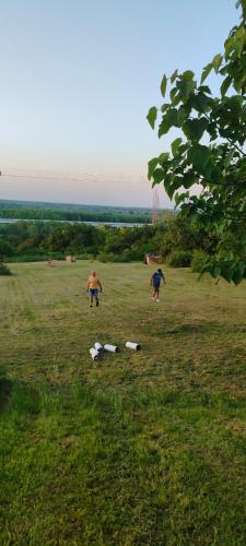 two people are playing with kites in a field at Eko dan in Železnička Stanica Karlovački Vinogradi