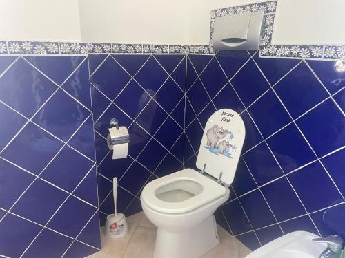 a blue tiled bathroom with a toilet with the seat up at Giulieda in Sunshine in Sanfatucchio