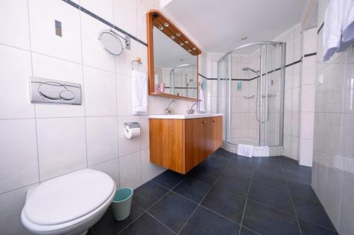 a bathroom with a toilet and a sink and a shower at Room's at HAUS am SEE direkt am Thunersee gelegen mit SELF CHECK IN & digitaler Rezeption in Oberhofen am Thunersee