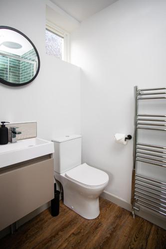 a bathroom with a white toilet and a mirror at Settle Southampton - Stylish Self Check-In Rooms & Self Catering Suites in Southampton