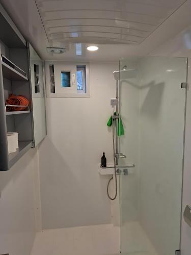 a bathroom with a shower with a glass door at ARA Caravan Villa in Bedugul